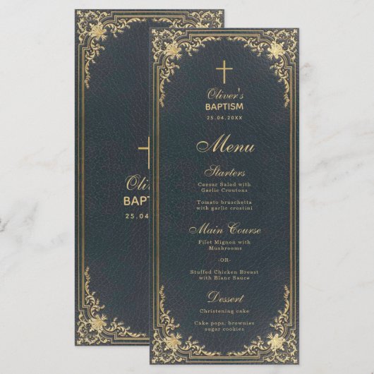  Baptisme Boy Blue Gold Elegant Calligrafie Menu (Voorkant / Achterkant)