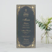  Baptisme Boy Blue Gold Elegant Calligrafie Menu (Staand voorkant)