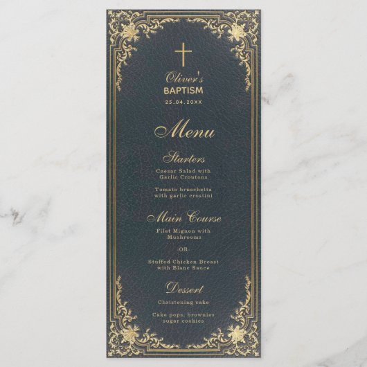  Baptisme Boy Blue Gold Elegant Calligrafie Menu (Voorkant)