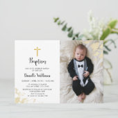 Baptisme Boy | Foto: Black Gold Strip Invitation Kaart (Staand voorkant)