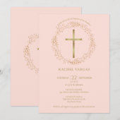 Baptisme Christening Blush Pink Gold Cross Floral Kaart (Voorkant / Achterkant)