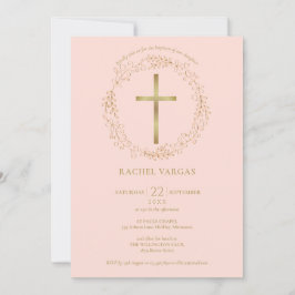 Baptisme Christening Blush Pink Gold Cross Floral Kaart