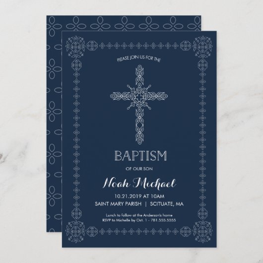 Baptisme, Christening Boys Uitnodiging Elegant Cro (Voorkant / Achterkant)