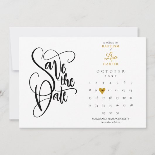 Baptisme Christening Calendar Gold Heart Save The Date (Voorkant)