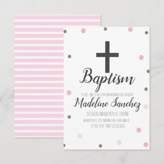 Baptisme Christening Confetti Pink Folie Gold Stip Kaart (Voorkant / Achterkant)