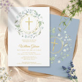 Baptisme Christening Dusty Blue Garland Gold Cross Kaart