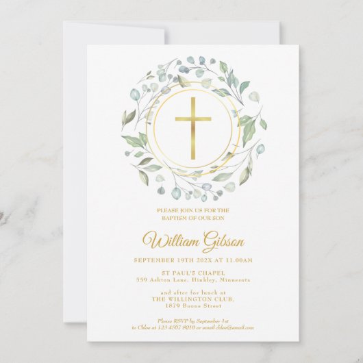 Baptisme Christening Dusty Blue Garland Gold Cross Kaart (Voorkant)