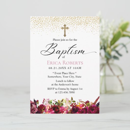 Baptisme Christening Elegant Burgundy Red Floral Kaart (Staand voorkant)