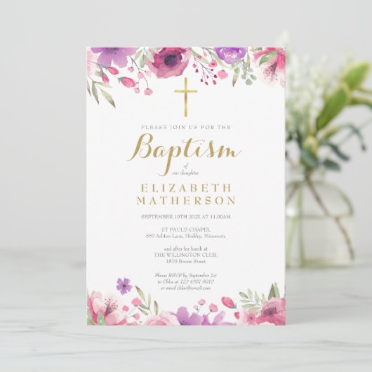 Baptisme Christening Elegant Roze Floral Kaart (Staand voorkant)