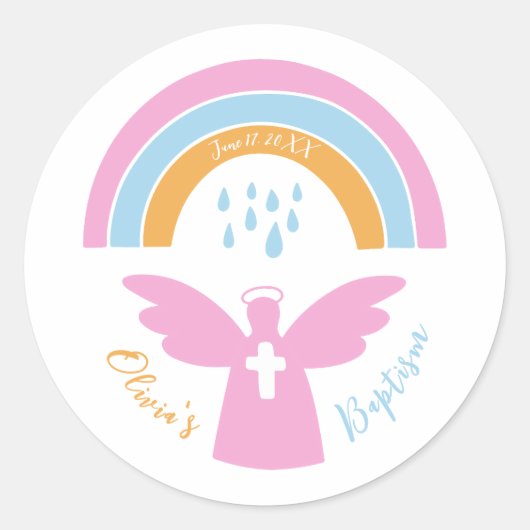 Baptisme Christening-engel en regenboog Ronde Sticker (Voorkant)