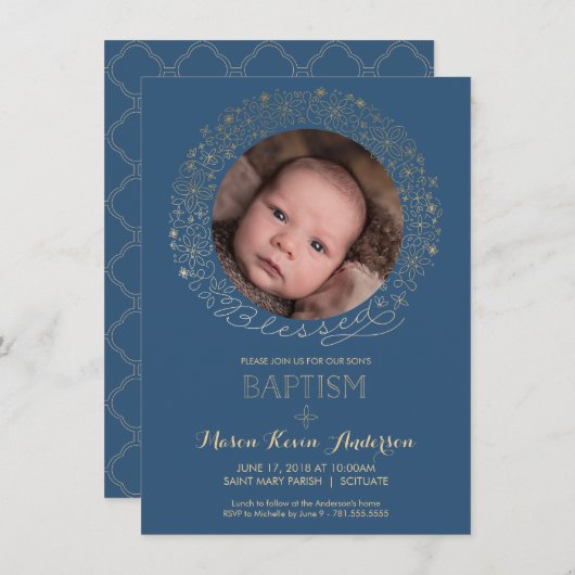 Baptisme, Christening Foto Uitnodiging, jongens ui Kaart (Voorkant / Achterkant)