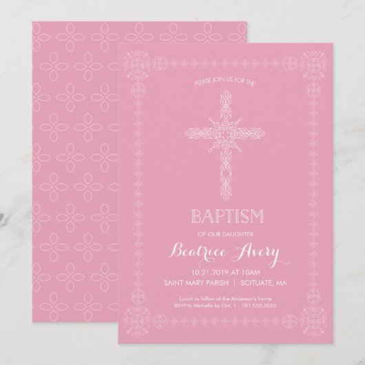 Baptisme, Christening Girl Invitation Elegant Cros Kaart (Voorkant / Achterkant)