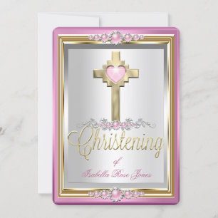 Baptisme Christening Girls Cross Pink Pearl 2 Kaart