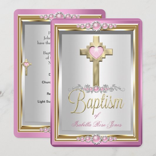 Baptisme Christening Girls Cross Pink Pearl Kaart (Voorkant / Achterkant)