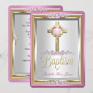 Baptisme Christening Girls Cross Pink Pearl Kaart