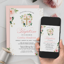Baptisme Christening Gold Blush Pink Floral Cross Kaart