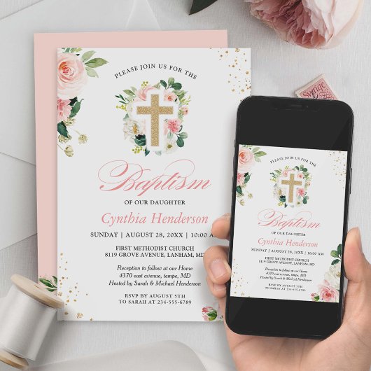 Baptisme Christening Gold Blush Pink Floral Cross Kaart