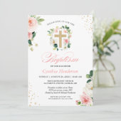 Baptisme Christening Gold Blush Pink Floral Cross Kaart (Staand voorkant)