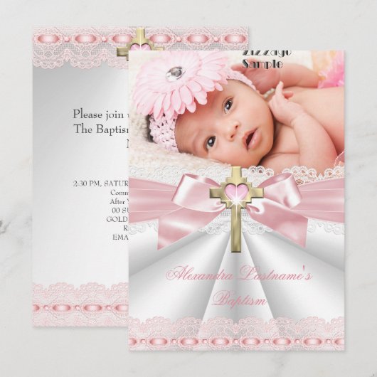 Baptisme Christening Gold Cross Girls Roze Kaart (Voorkant / Achterkant)