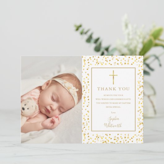 Baptisme Christening Gold Hearts Confetti Foto Bedankkaart (Staand voorkant)
