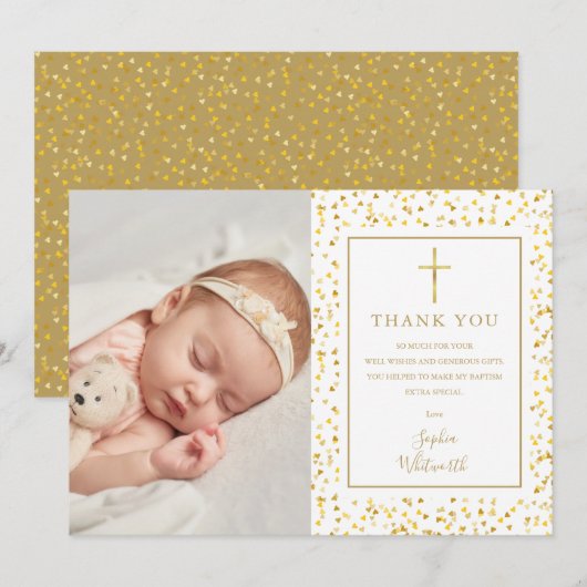 Baptisme Christening Gold Hearts Confetti Foto Bedankkaart (Voorkant / Achterkant)