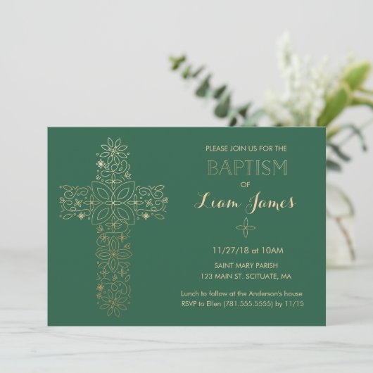 Baptisme, Christening Invitation, Gold Cross Invit Kaart (Staand voorkant)