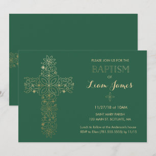 Baptisme, Christening Invitation, Gold Cross Invit Kaart