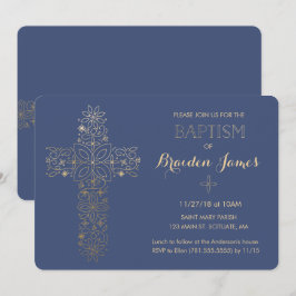 Baptisme, Christening Invitation, Gold Cross Invit Kaart