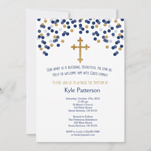 Baptisme, Christening Invitation in Navy en Gold Kaart (Voorkant)