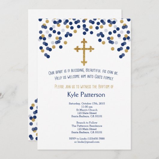 Baptisme, Christening Invitation in Navy en Gold Kaart (Voorkant / Achterkant)