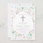 Baptisme, Christening Invite - Flowers, Cross Kaart (Voorkant)