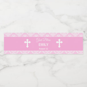 Baptisme Christening Pink Fles Girl Damask Waterfles Etiket
