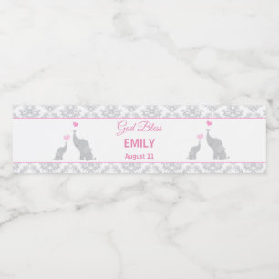 Baptisme Christening Roze Elephants Etiket op fles