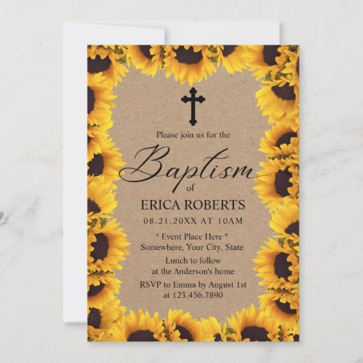 Baptisme Christening  Sunflower Rustic Kraft Kaart (Voorkant)