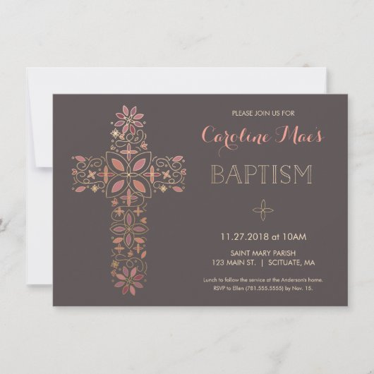 Baptisme, Christening Uitnodiging - Goud, Roze Kru (Voorkant)