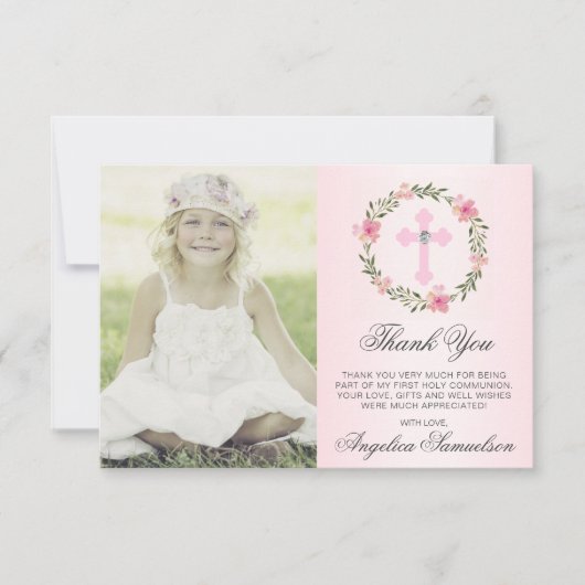 Baptisme Communitybevestiging Meisje Floral FOTO Bedankkaart (Voorkant)