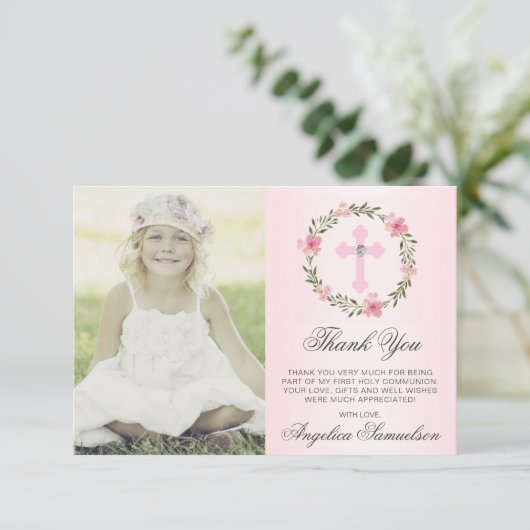 Baptisme Communitybevestiging Meisje Floral FOTO Bedankkaart (Staand voorkant)