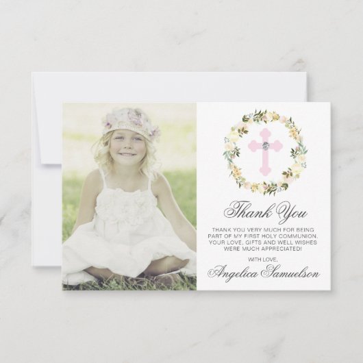 Baptisme Communitybevestiging Meisje Floral FOTO Bedankkaart (Voorkant)