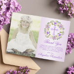 Baptisme Communitybevestiging Meisje Paarse FOTO Bedankkaart<br><div class="desc">Fijne florale reuzenbaptisme, Christening, Eerste Heilige Communie of Bevestiging bedankt je kaarten voor het meisje. Pastel lavender paars violet met achtergrond. Greenery, bladbloem met lavender, donkere paarse en blauwe bloemen en kruis met faux diamant in het midden. Betaalbaar maar niet goedkoop uitziend! Ideaal voor de ceremonie van je dochter. Deze...</div>