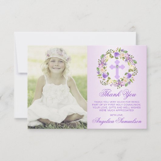 Baptisme Communitybevestiging Meisje Paarse FOTO Bedankkaart (Voorkant)