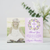 Baptisme Communitybevestiging Meisje Paarse FOTO Bedankkaart (Staand voorkant)