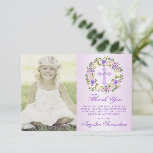 Baptisme Communitybevestiging Meisje Paarse FOTO Bedankkaart (Staand voorkant)