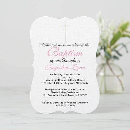 Baptisme Cross-roze Baby Rattle Daughter Kaart (Staand voorkant)