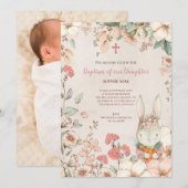 Baptisme Cute Bunny Foto Florals Baby Girl Kaart (Voorkant / Achterkant)