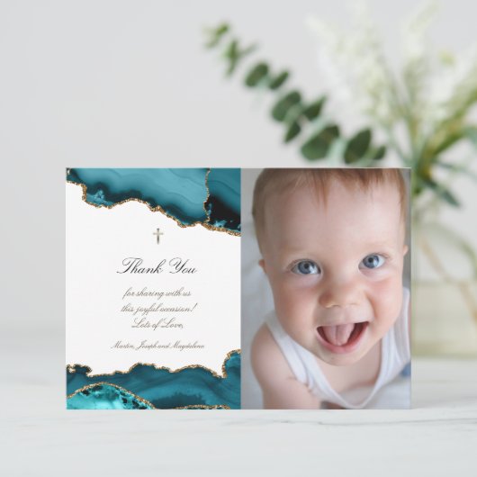 Baptisme dank je turquoise agate uitnodiging (Staand voorkant)
