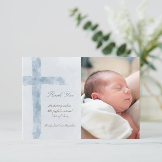 Baptisme dank je waterverf blauw kruis kaart (Staand voorkant)