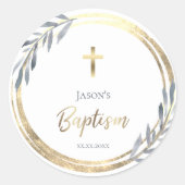 Baptisme dusty blue faux goudfolie ronde sticker (Voorkant)