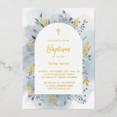 Baptisme dusty blue waterverf goudfolie-uitnodigin folie uitnodiging (Voorkant)
