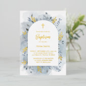 Baptisme dusty blue waterverf goudfolie-uitnodigin folie uitnodiging (Staand Voorkant)