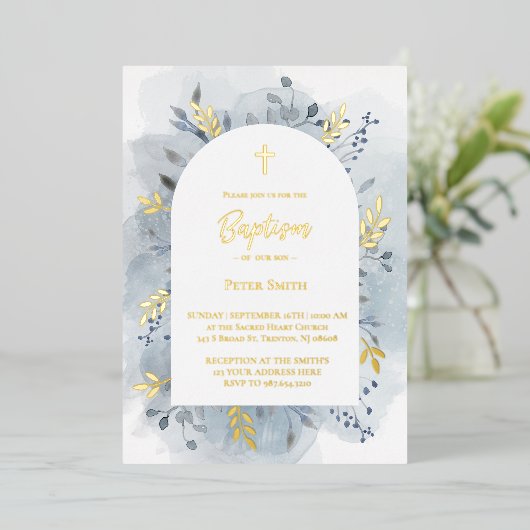 Baptisme dusty blue waterverf goudfolie-uitnodigin folie uitnodiging (Staand Voorkant)